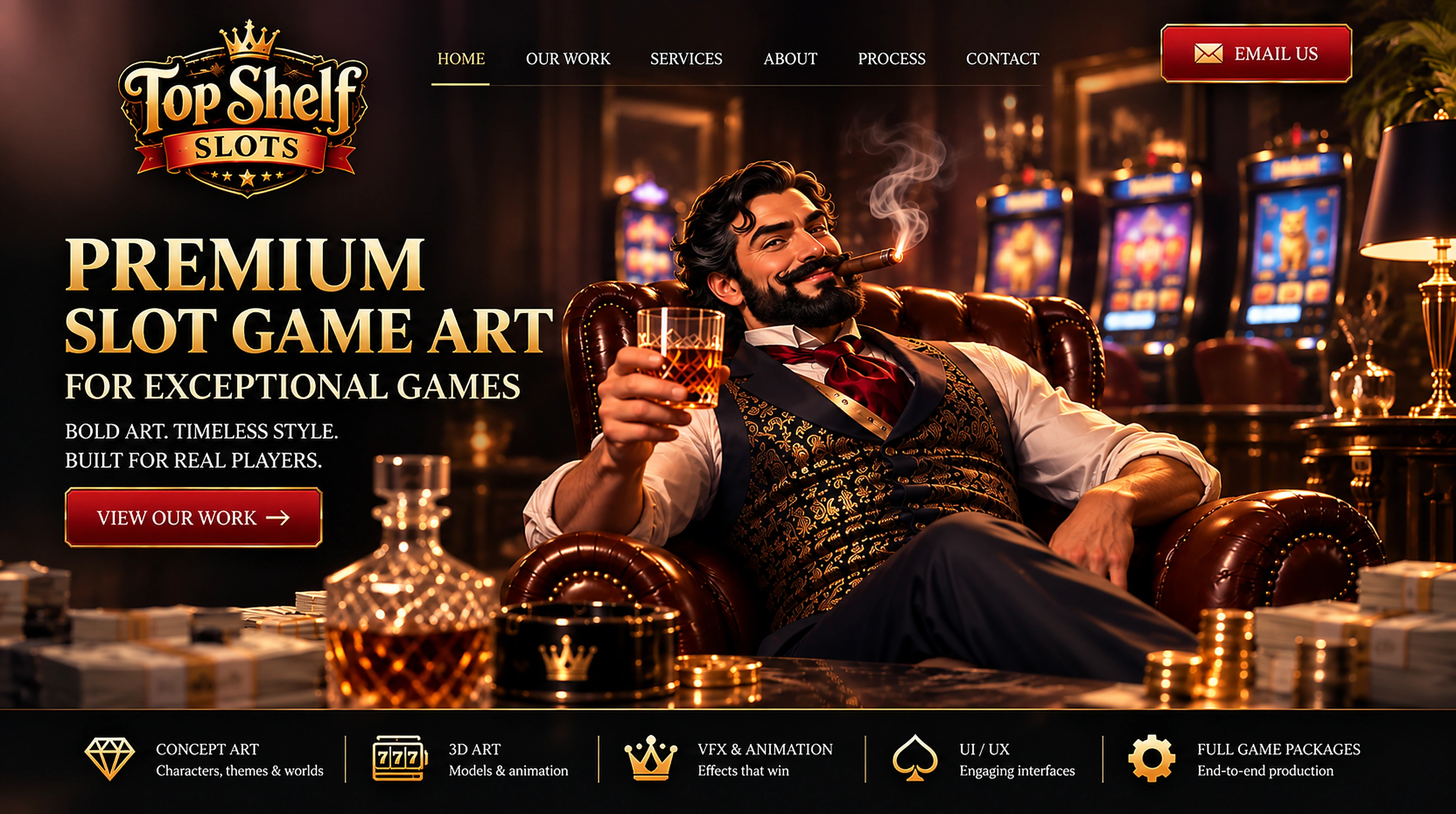 Top Shelf Slots luxury casino lounge with the Top Shelf mascot, premium slot machines and cash