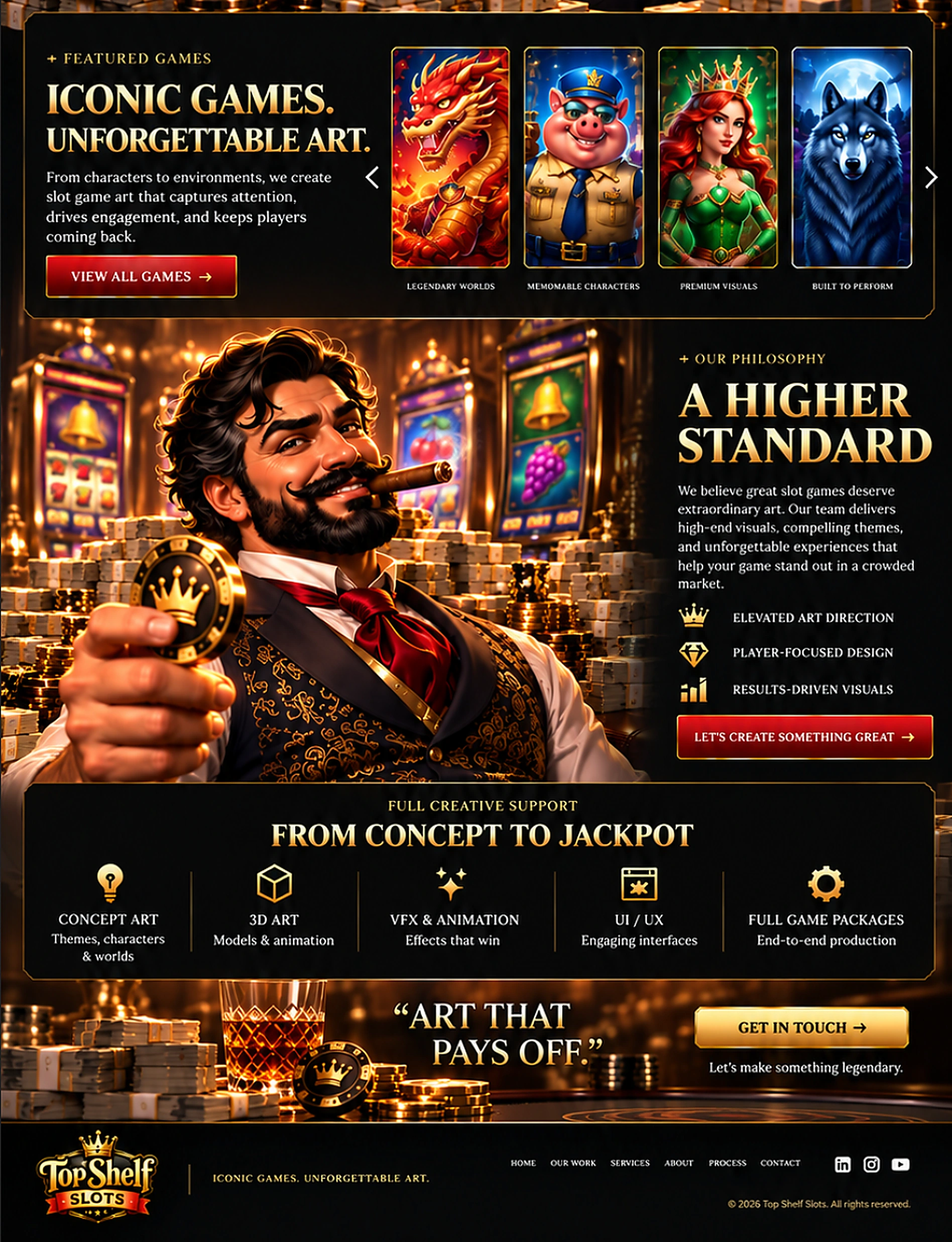 Featured slot game artwork, Top Shelf mascot, services and contact call to action